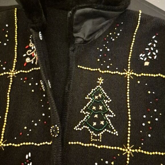 Vintage Studio Joy Holiday Sweater XL Button Front Embellished Faux Fur Collar - Picture 7 of 11